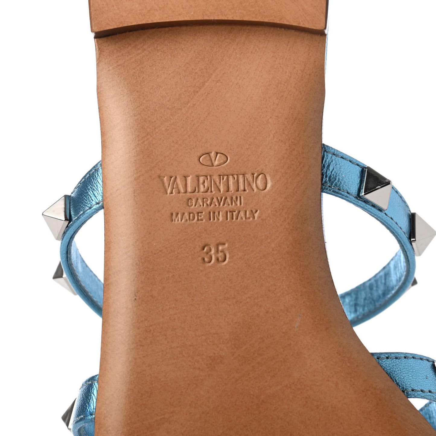 Metallic Nappa Rockstud Caged Flat Slide Sandals 35 Cerulean