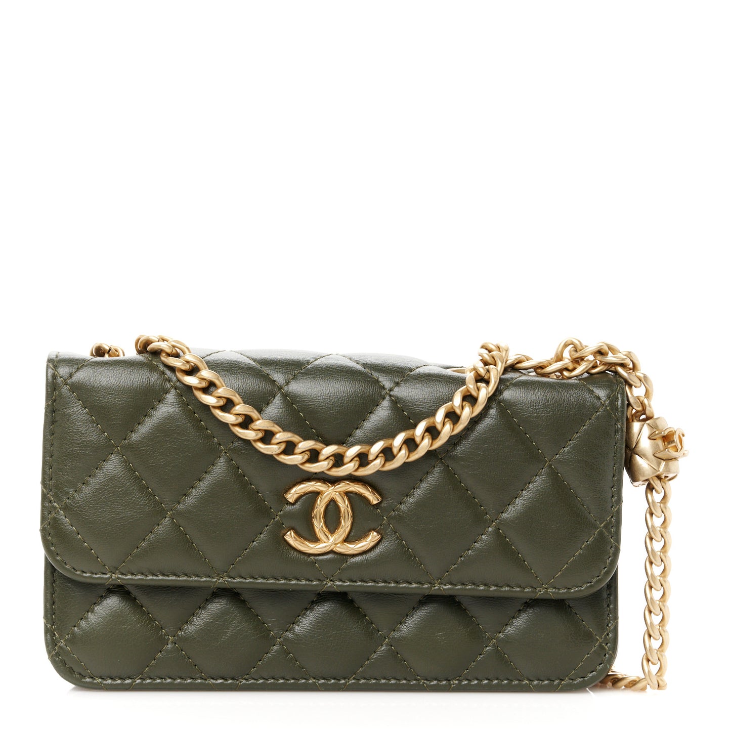 Lambskin Quilted Pillow Crush Flap Phone Holder With Chain Green
