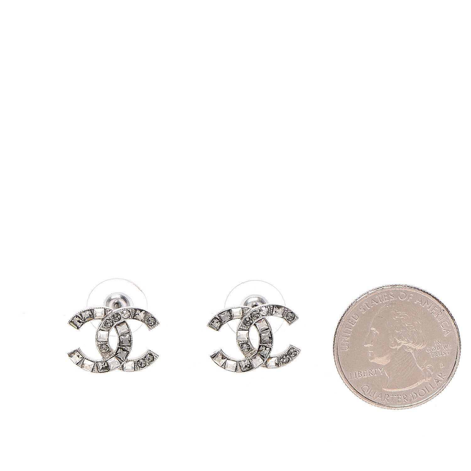 Chanel Baguette Crystal CC Earrings Silver Grey 2 of 5