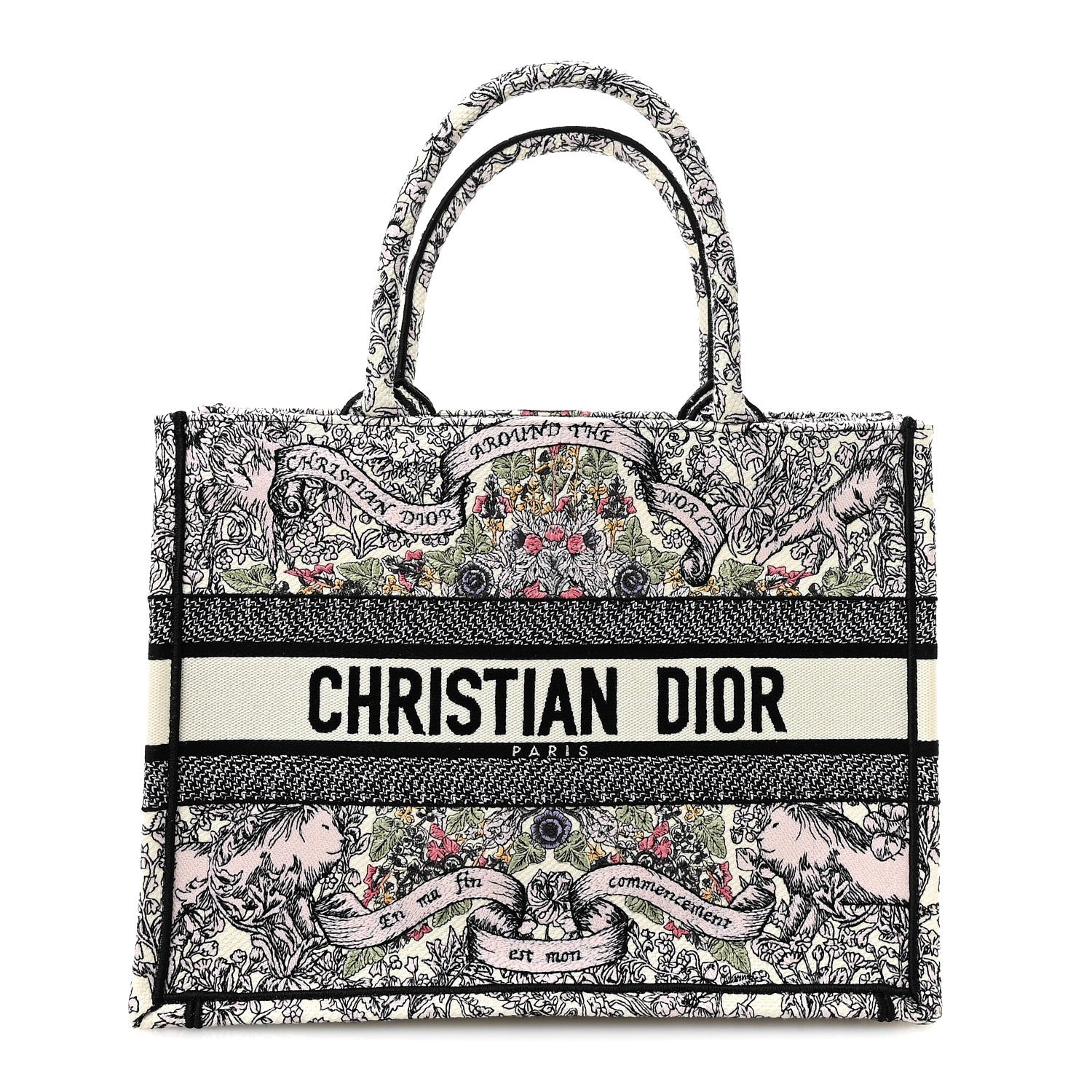 Christian Dior Canvas Embroidered Medium Around The World Book Tote White Multicolor 1 of 10