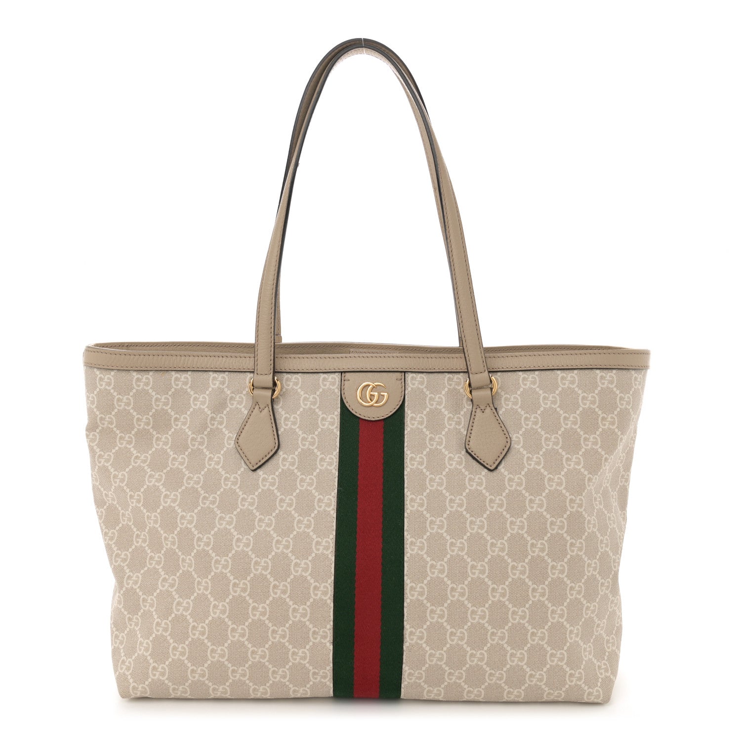 Gucci GG Supreme Monogram Textured Dollar Calfskin Web Medium Ophidia Shopping Tote Beige Mystic White Oatmeal 1 of 12