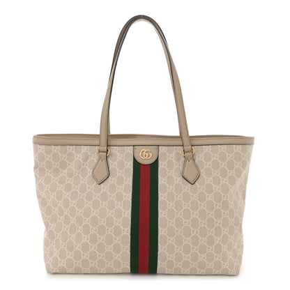 Gucci GG Supreme Monogram Textured Dollar Calfskin Web Medium Ophidia Shopping Tote Beige Mystic White Oatmeal 1 of 12