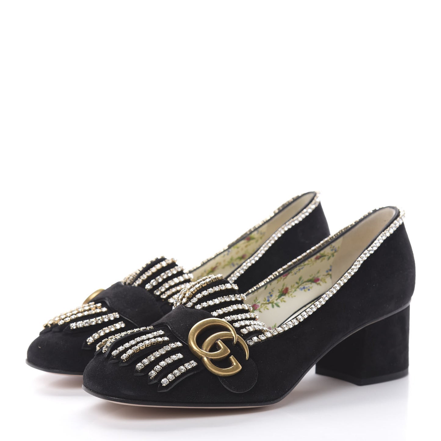 Kid Scamosciato Crystal GG Marmont Fringe 50mm Loafer Pumps 37 Black