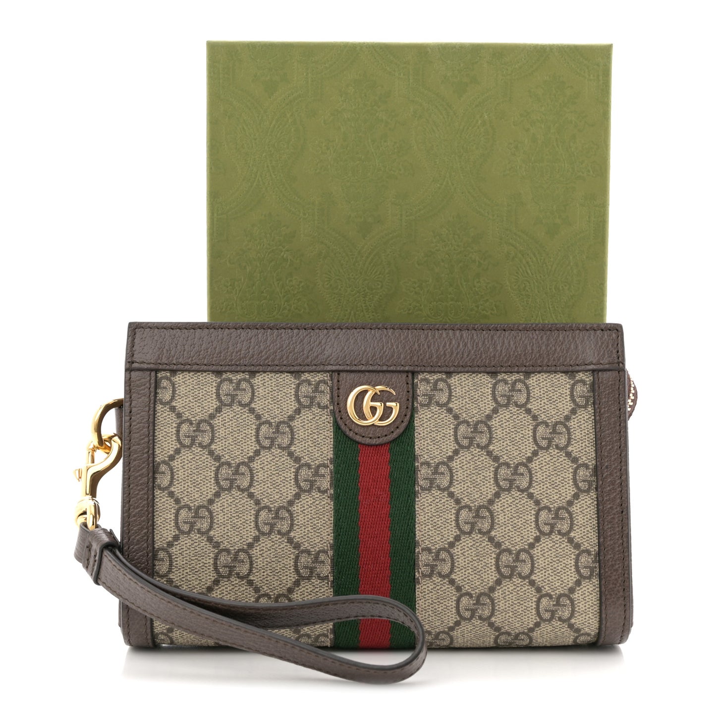 GG Supreme Monogram Web Ophidia Wristlet Brown