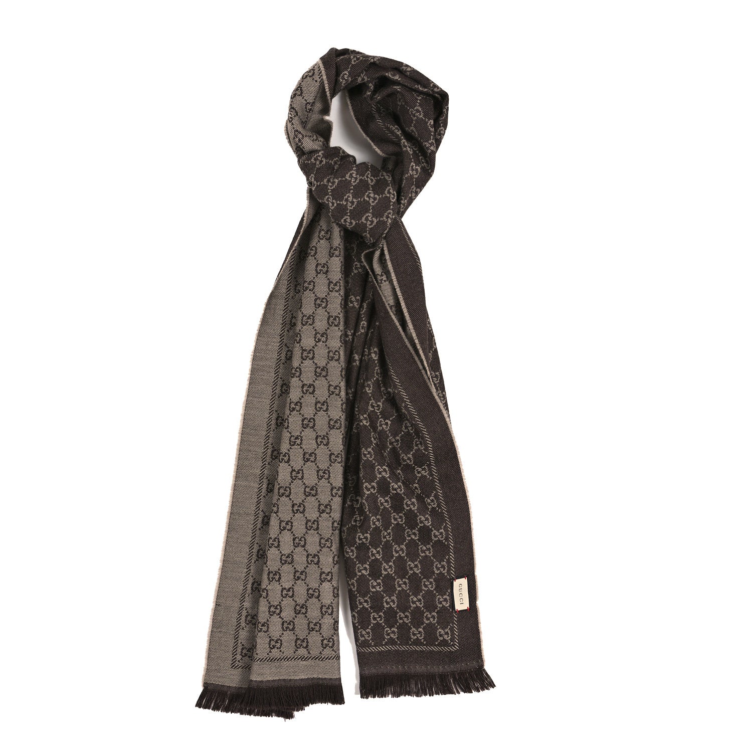 Gucci Wool GG Monogram Reversible New Sten Fringe Scarf Beige Dark Brown 1 of 4