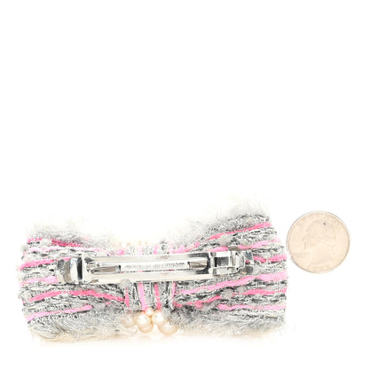 Chanel Metallic Tweed Pearl Bow Barrette Grey Pink 2 of 4