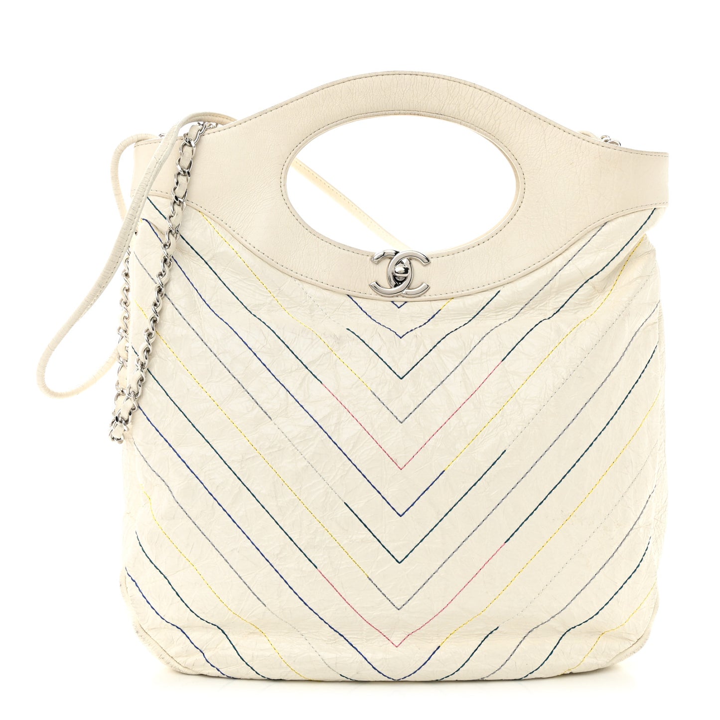 Glazed Calfskin Chevron Stitched Small 31 Shopping Bag White Multicolor