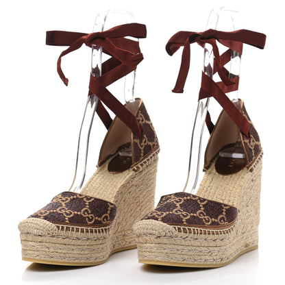 Gucci Lame GG Monogram Ankle Wrap Platform Espadrille Wedges 38 Beige Brown 3 of 10