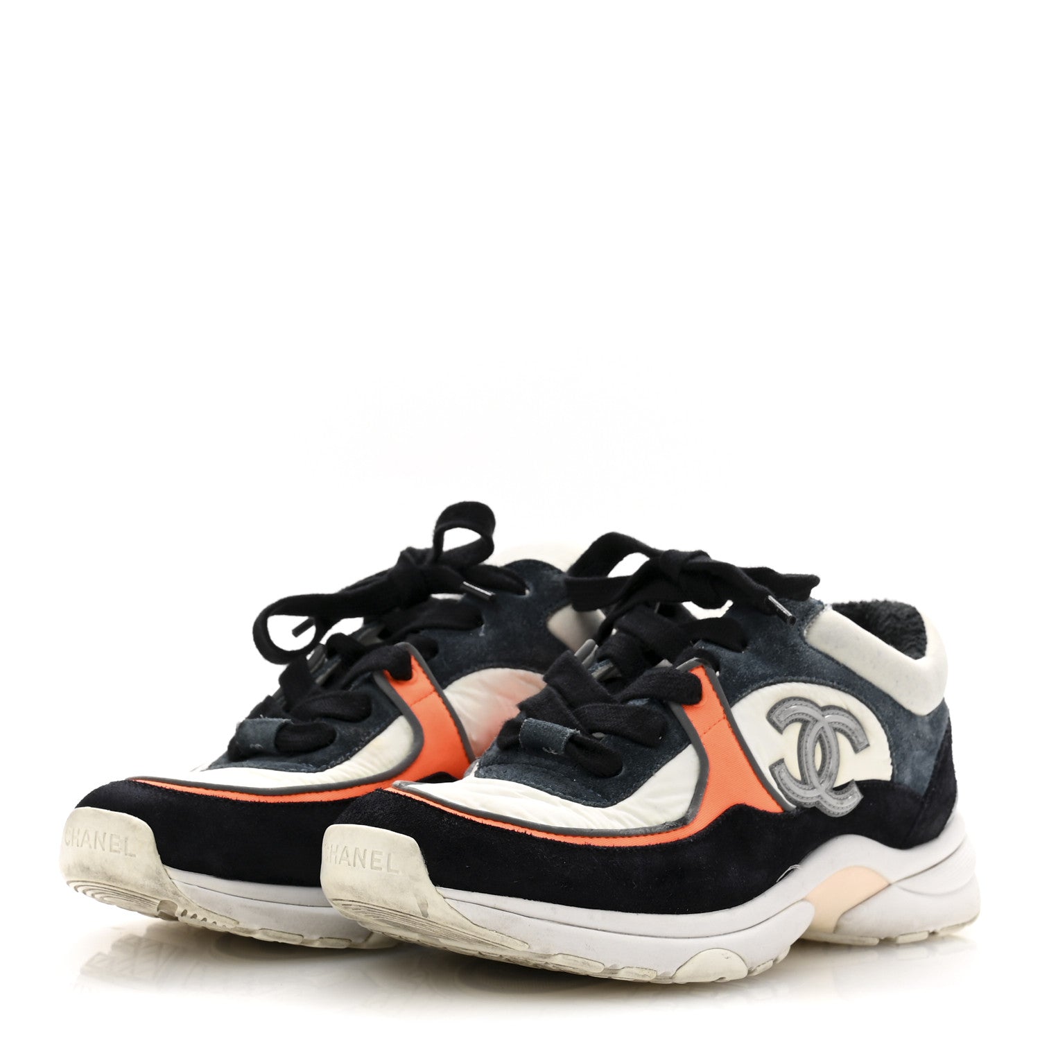 Chanel Nylon Calfskin Suede CC Womens Sneakers 35.5 Navy White Orange 4 of 11