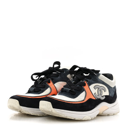 Chanel Nylon Calfskin Suede CC Womens Sneakers 35.5 Navy White Orange 4 of 11