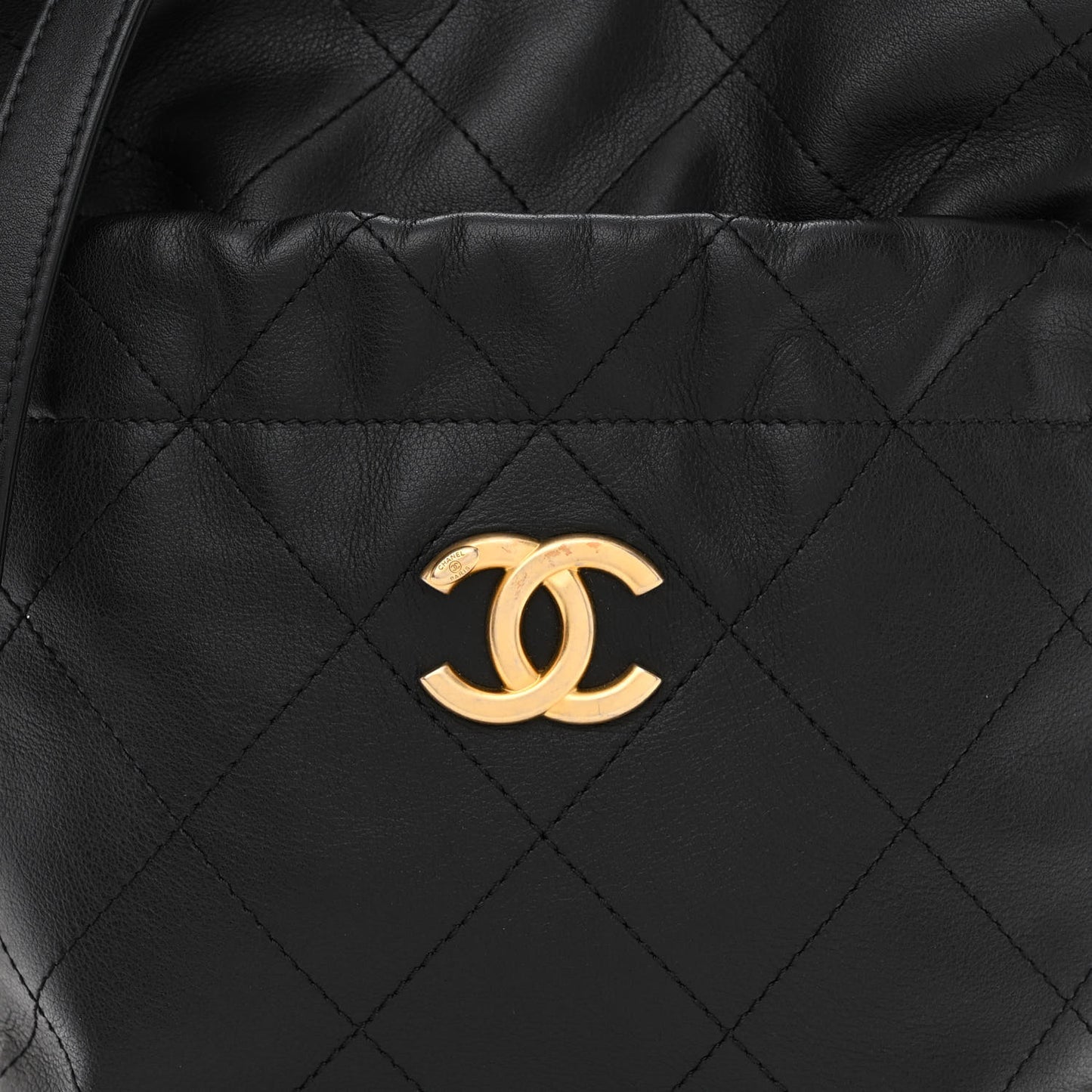 Calfskin Quilted Drawstring Bucket Bag Black