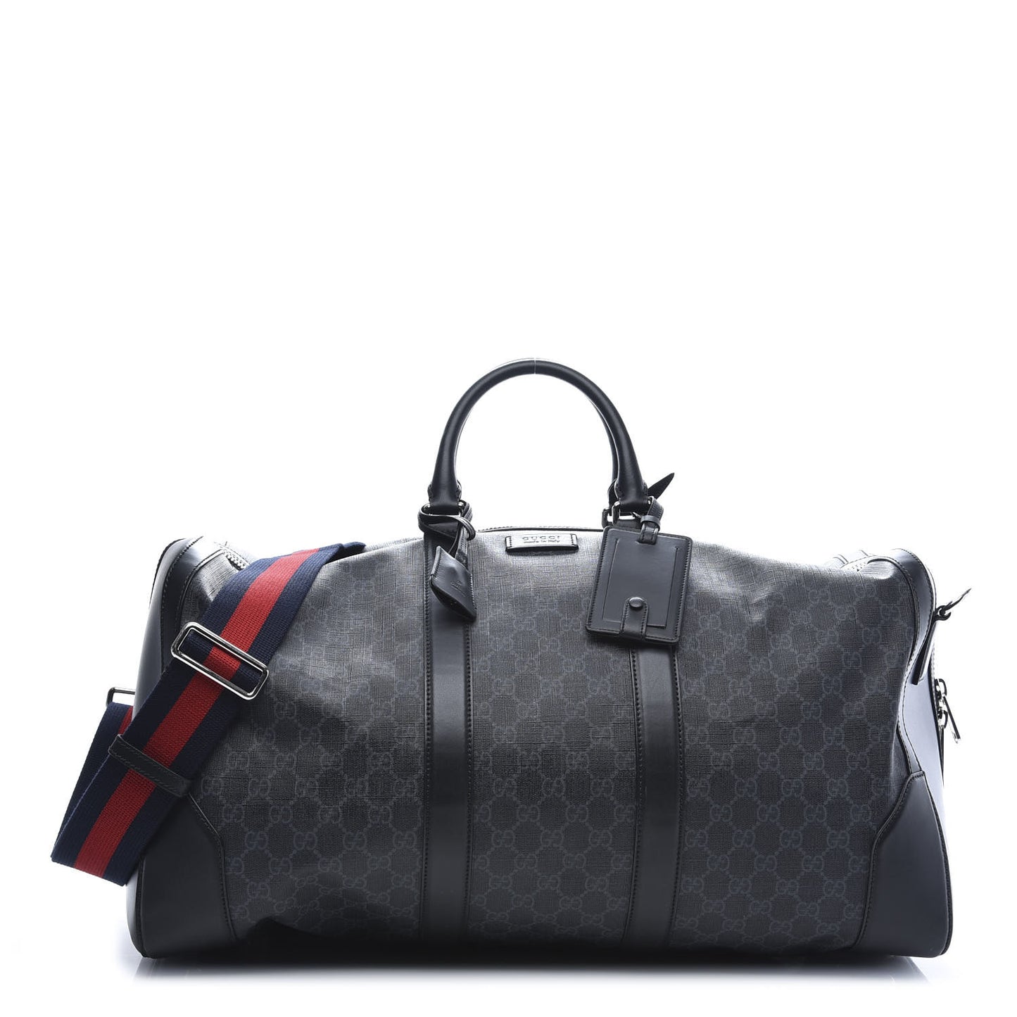 Soft GG Supreme Monogram Appia Calfskin Web Large Carry On Duffle Bag Black Grey