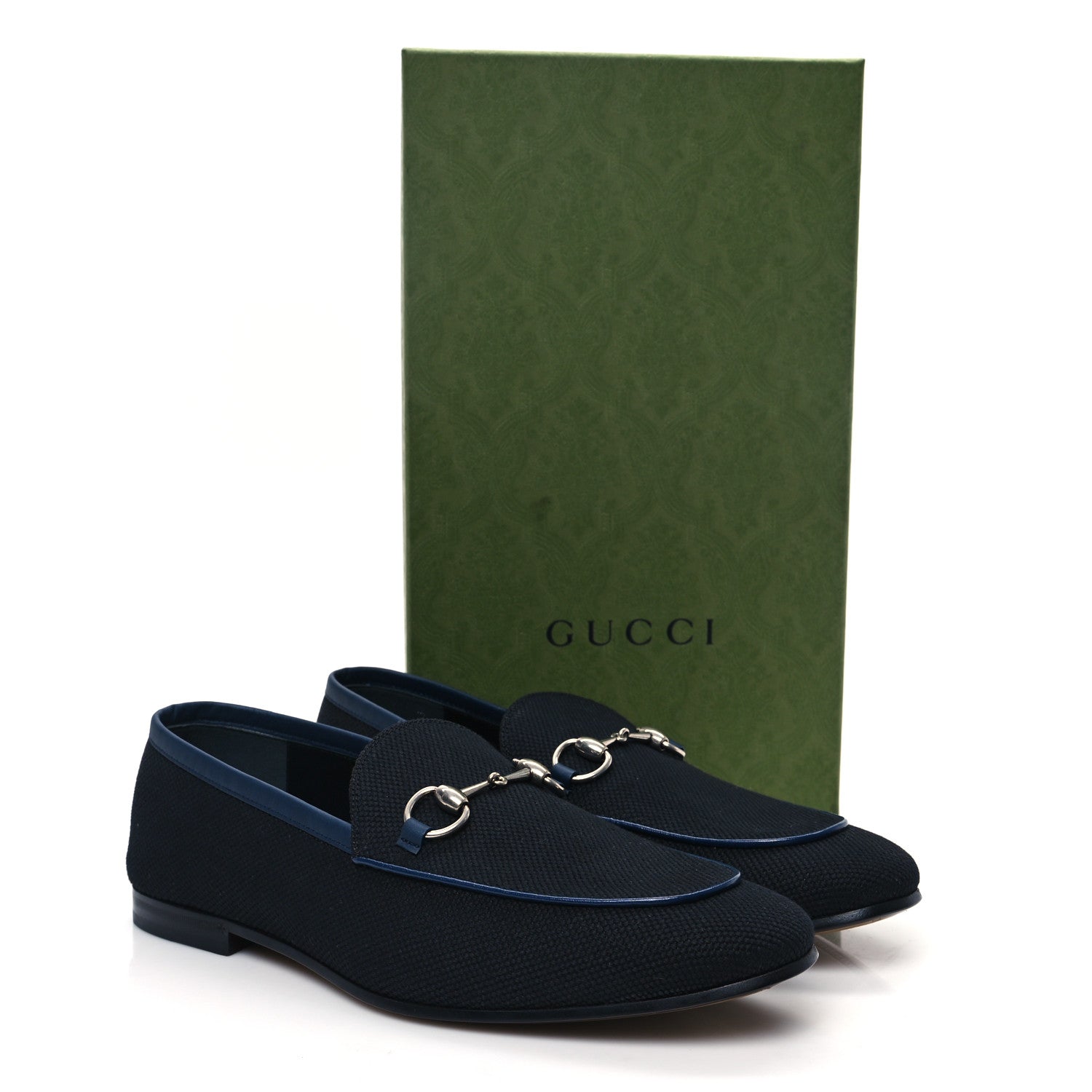 Gucci Canvas Horsebit Mens Jordaan Loafers 10.5 Black Blue Agata 9 of 9