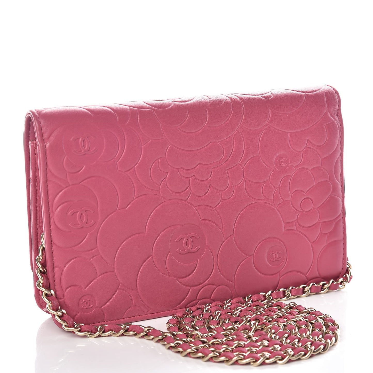 Lambskin Camellia Embossed Wallet On Chain WOC Pink