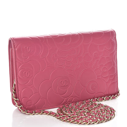 Chanel Lambskin Camellia Embossed Wallet On Chain WOC Pink 3 of 13