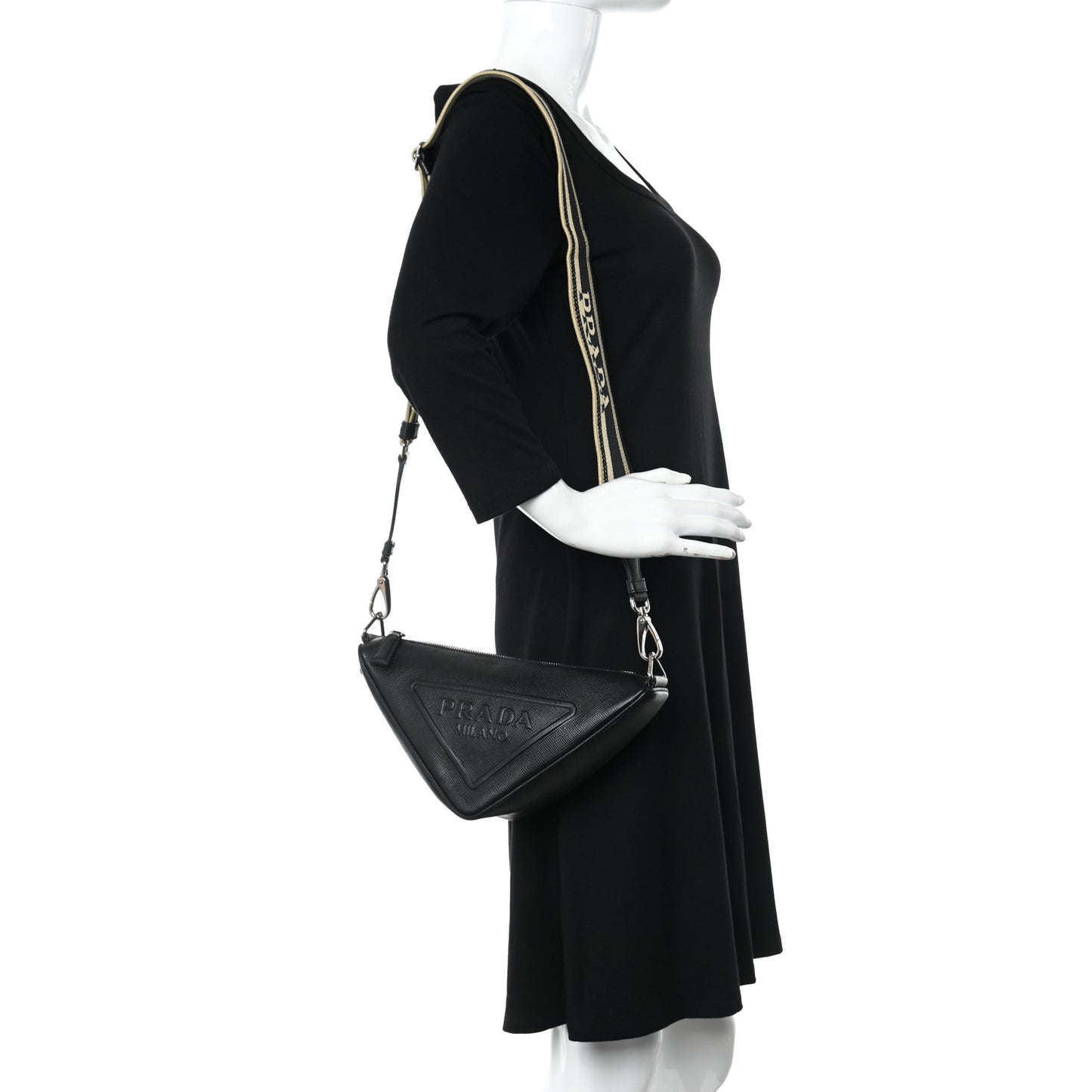 Saffiano Cuir Triangle Logo Embossed Triangle Shoulder Bag Black