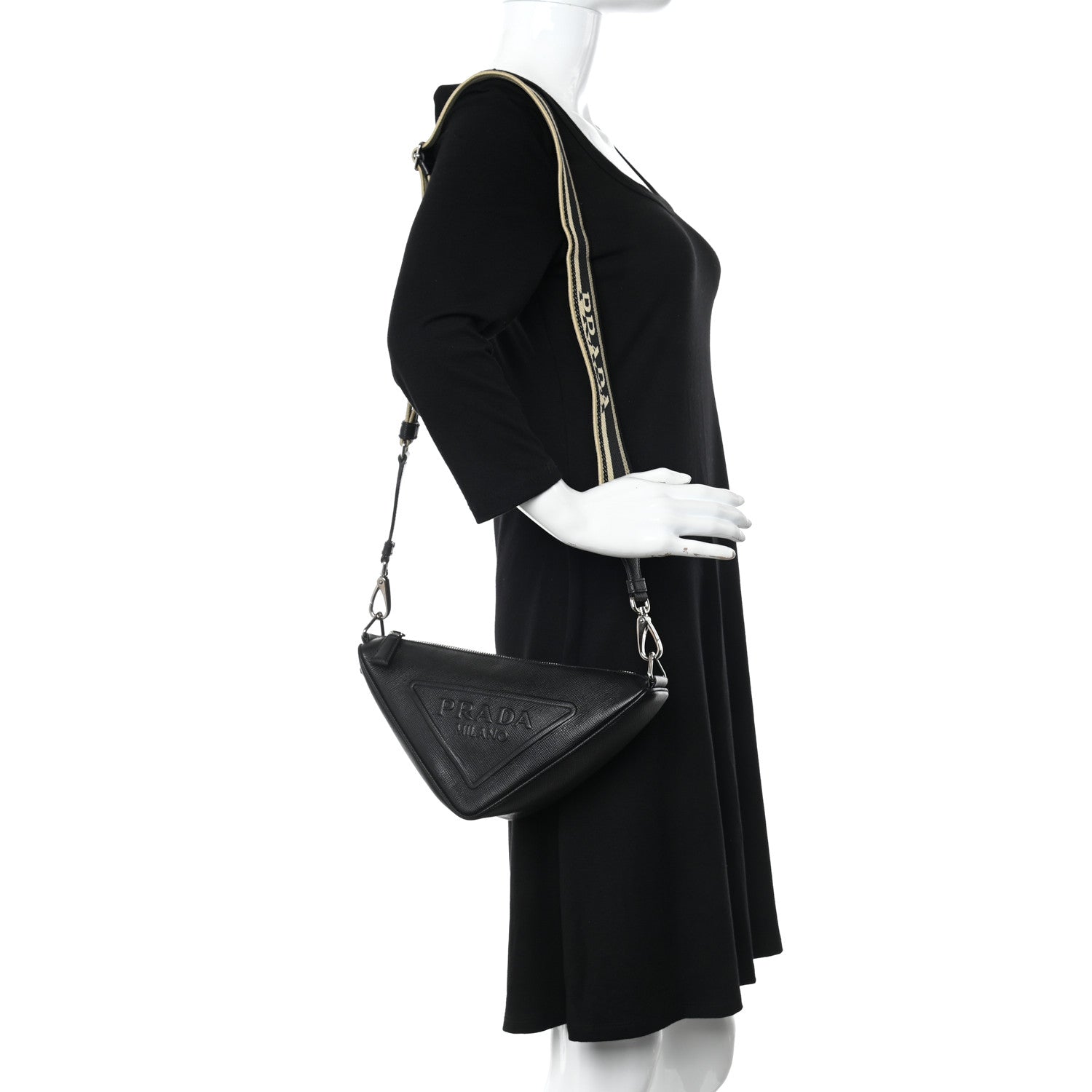 Prada Saffiano Cuir Triangle Logo Embossed Triangle Shoulder Bag Black 2 of 10