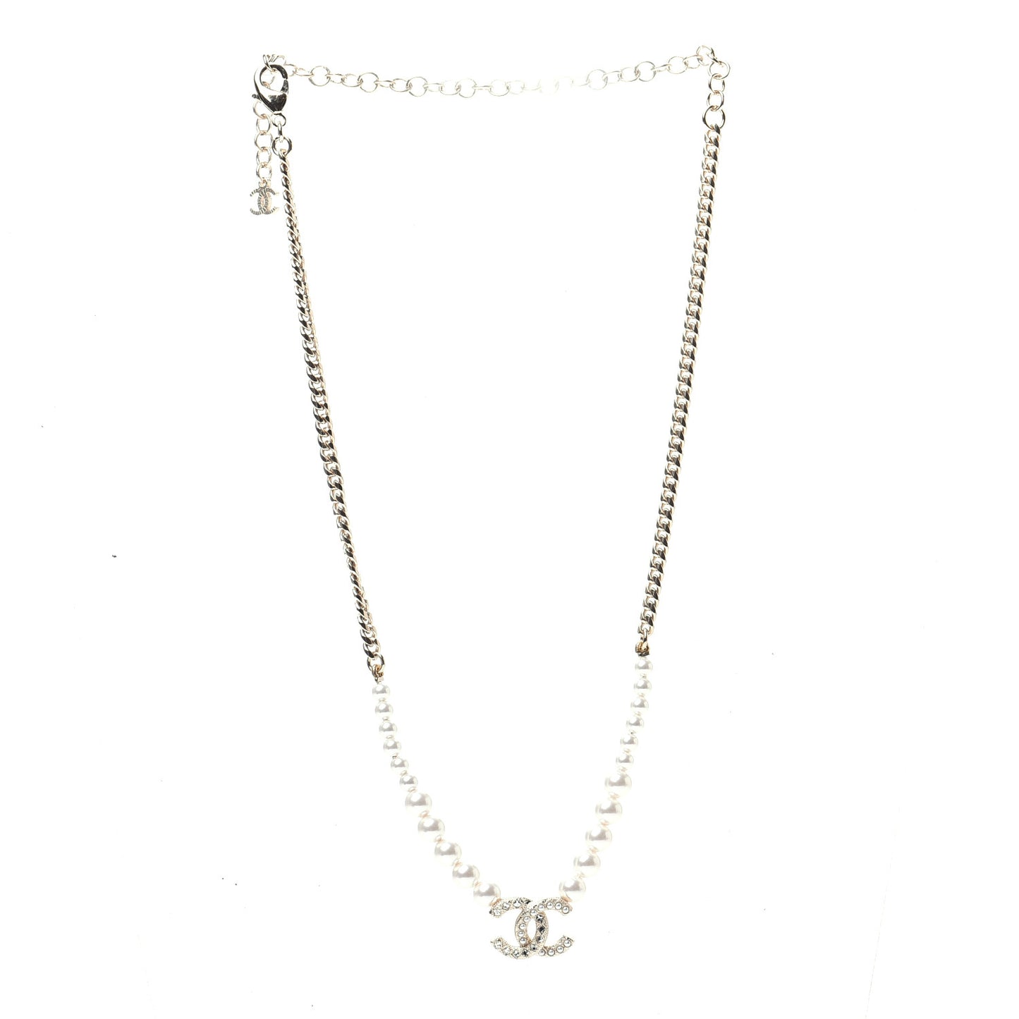 Pearl Crystal Chain CC Necklace Gold