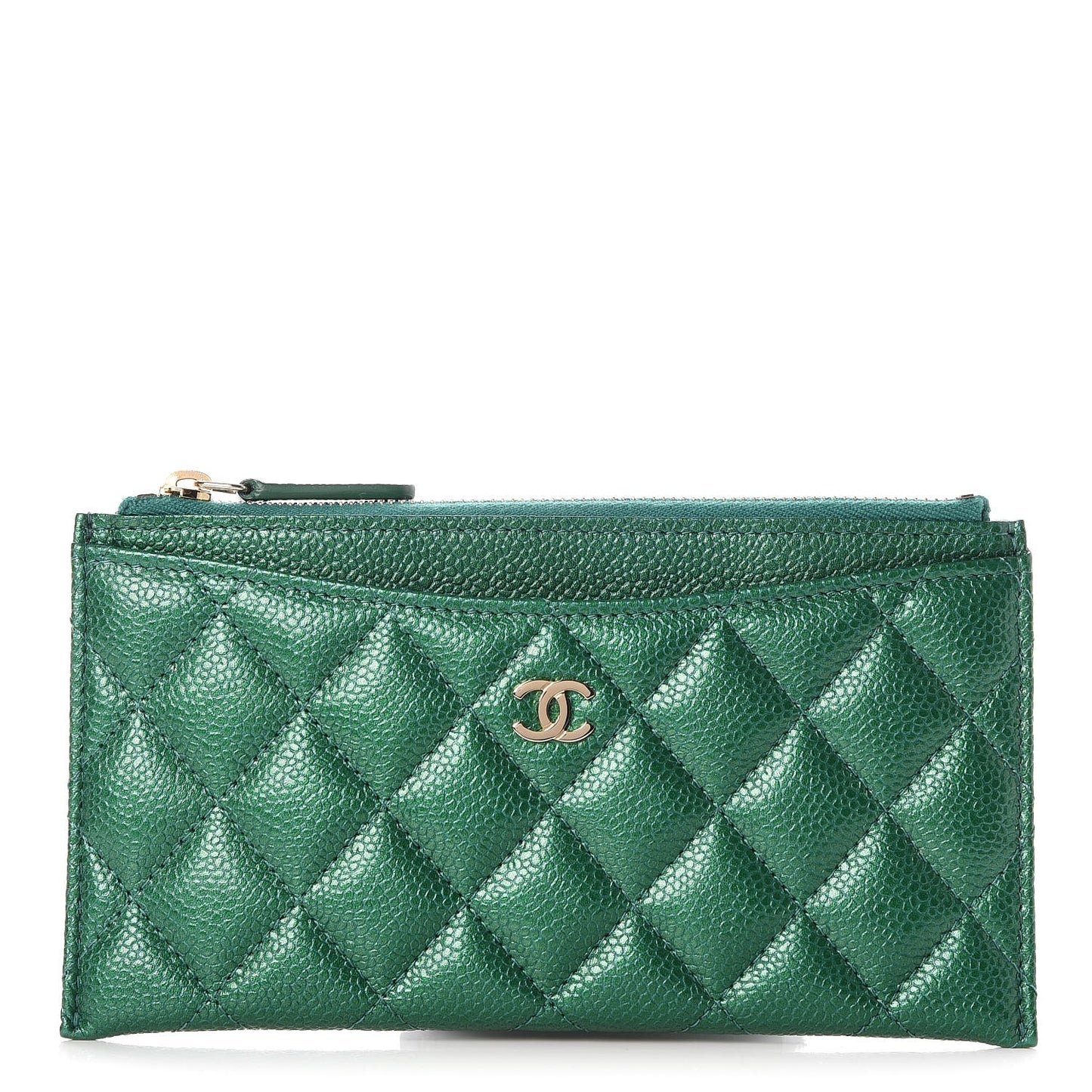Metallic Caviar Quilted Classic Zip Pouch Green