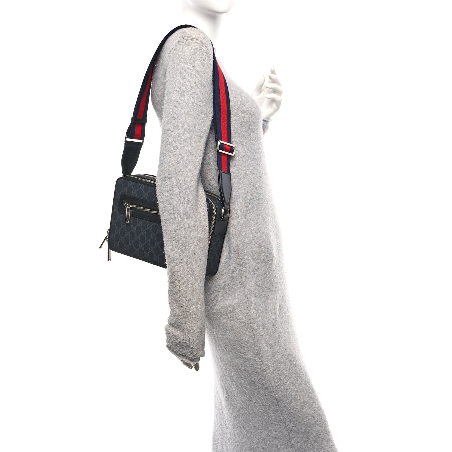Gucci GG Supreme Monogram Calfskin Web Medium Messenger Bag Black Grey 2 of 11