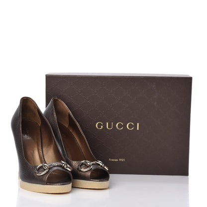 Gucci Metallic Cellarius Calfskin Horsebit Wedges 36 Winter Leaf 10 of 10