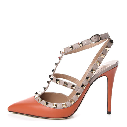Valentino Garavani Calfskin Nappa Rockstud Ankle Strap 100mm Pumps 38 Orange Poudre 1 of 8