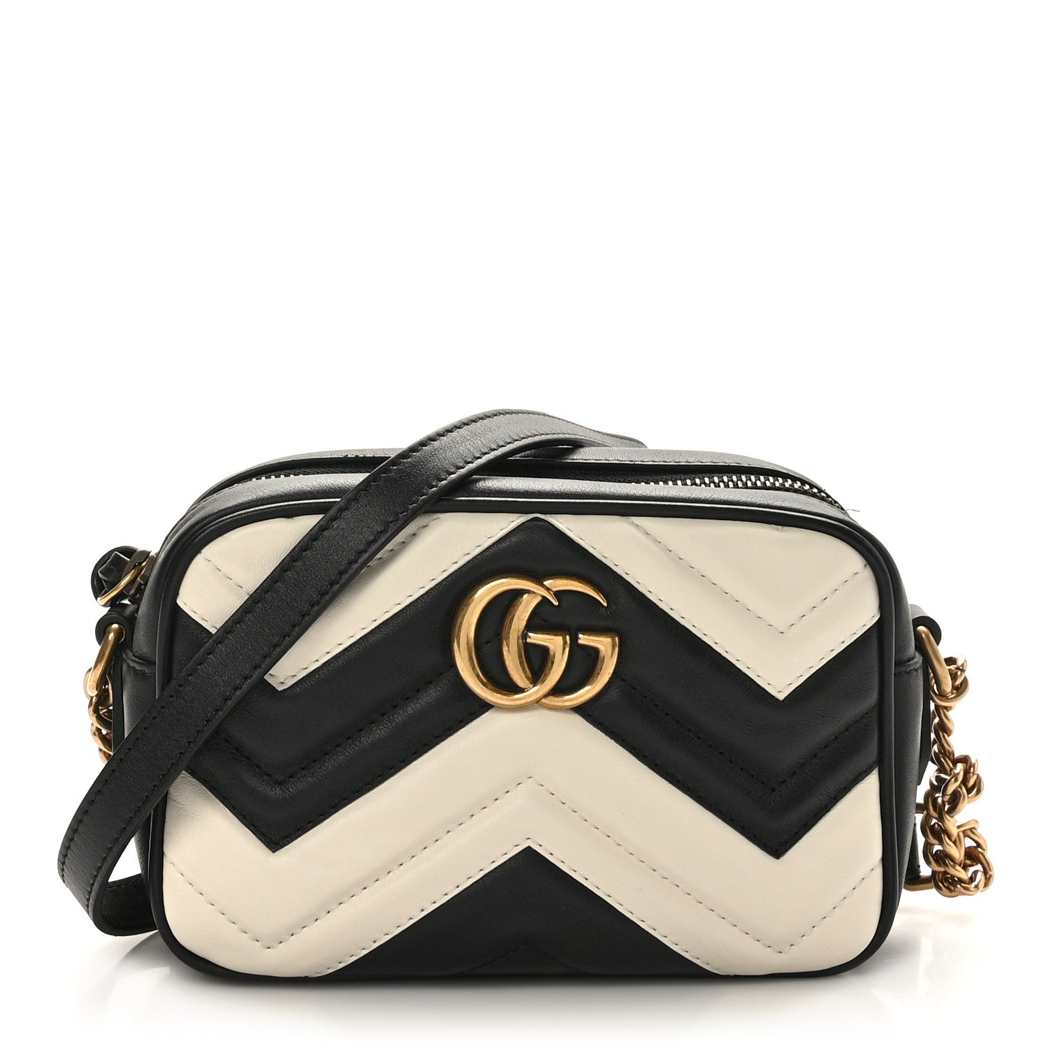 Gucci Calfskin Matelasse Mini GG Marmont Chain Shoulder Bag Black White 1 of 9