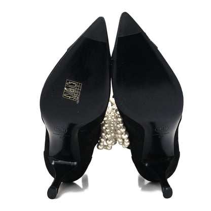 Chanel Stretch Suede Calfskin Grosgrain Pearl Multi Strand Cap Toe Ankle Boots 37 Black 5 of 7