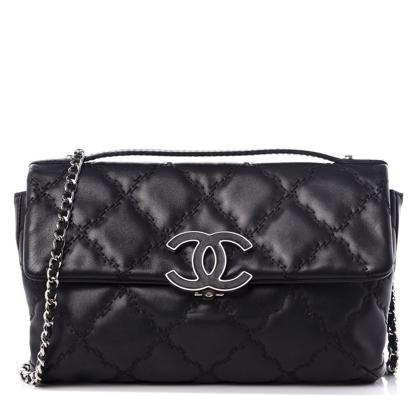 Calfskin Quilted Double Stitch Hamptons Clutch with Chain Black