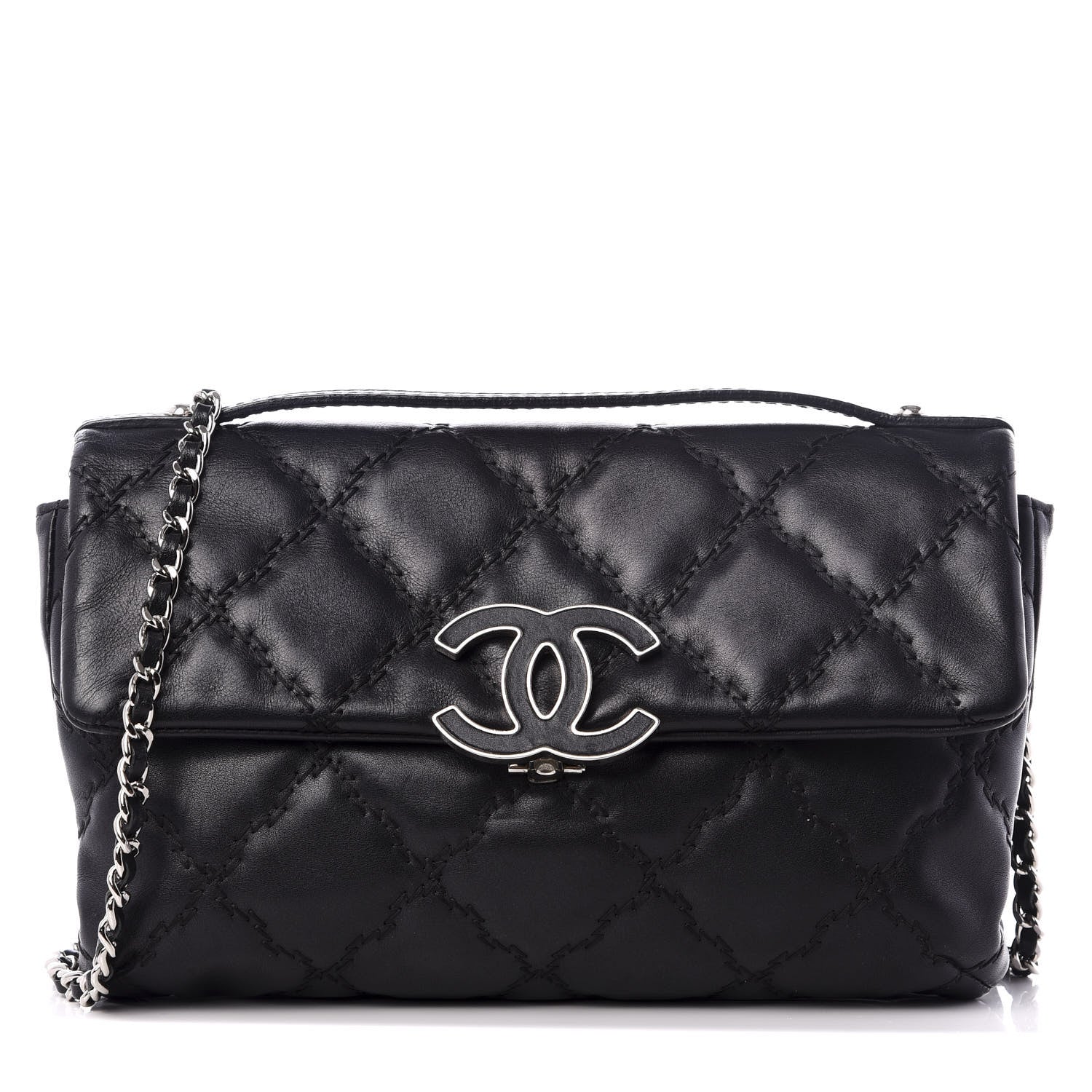 Chanel Calfskin Quilted Double Stitch Hamptons Clutch with Chain Black 1 of 9