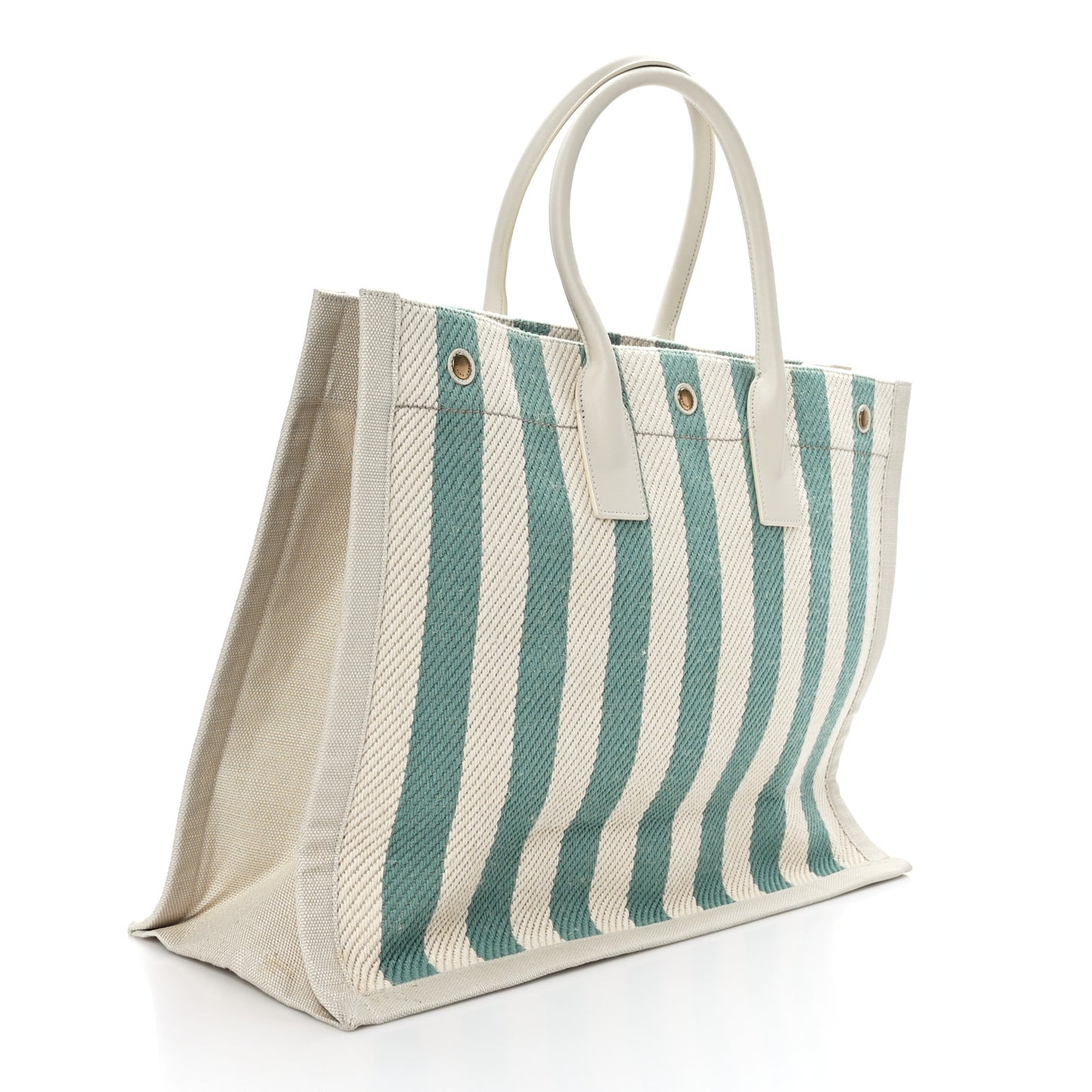 Cotton Linen Calfskin Striped Rive Gauche Tote Water Green