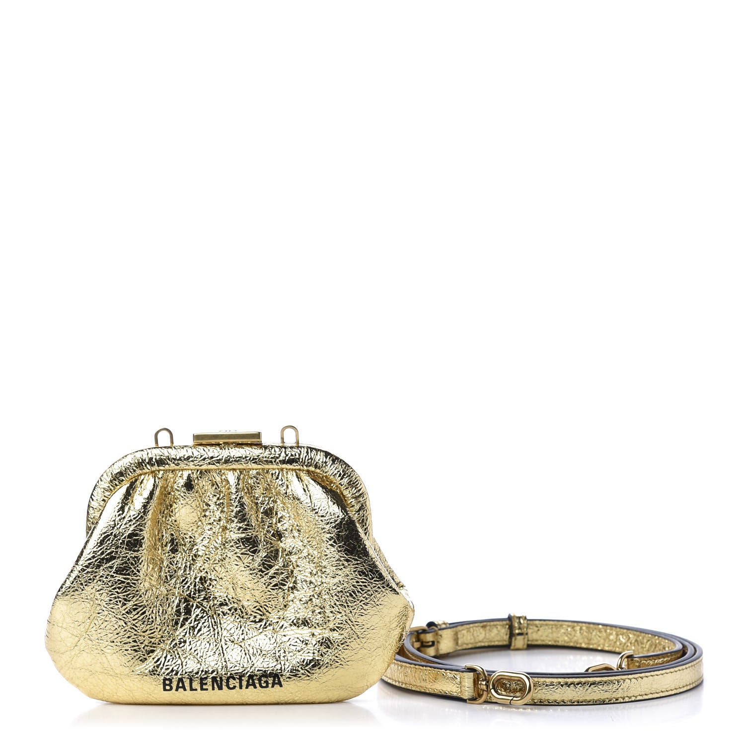 Balenciaga Metallic Textured Calfskin Logo Cloud Coin Purse With Strap Gold 3 of 14