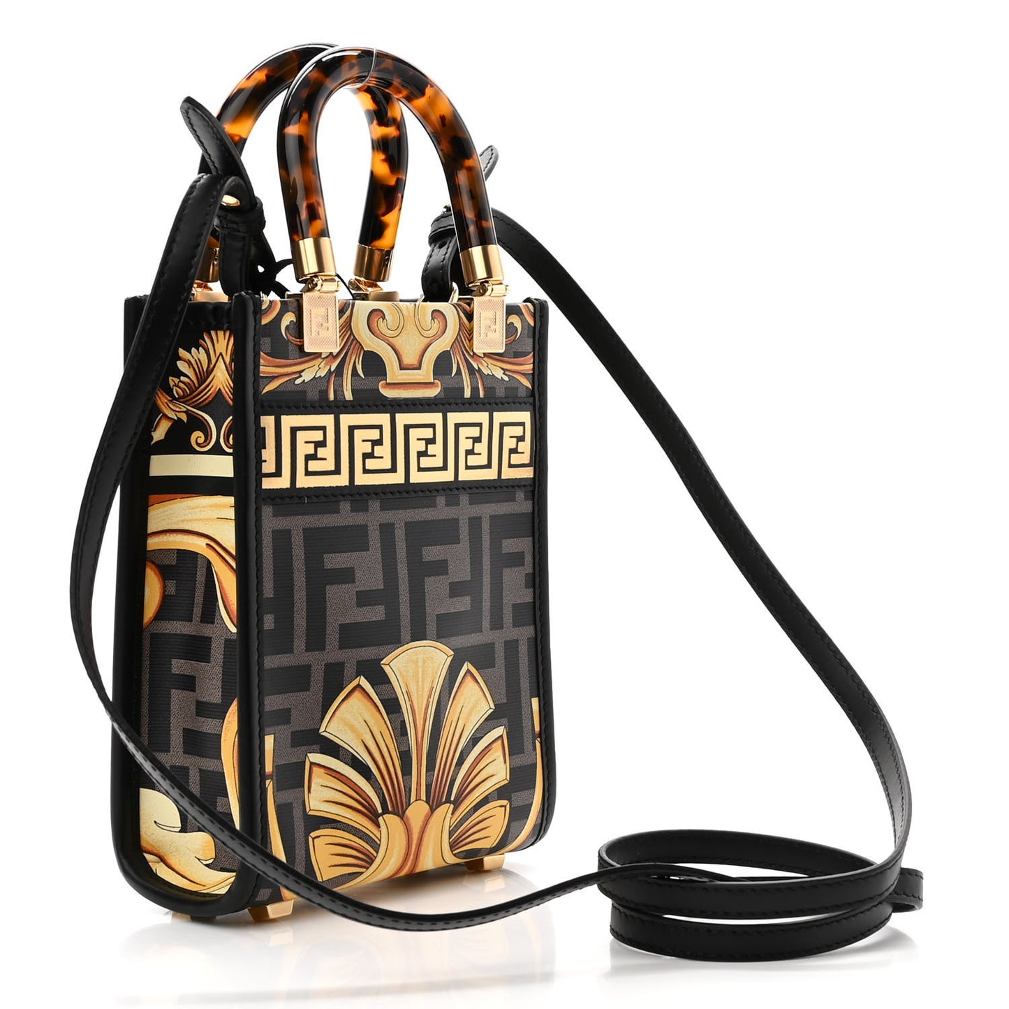 X VERSACE Vitello King Catalan Mirror Plexiglass Fendace FF Baroque Logo Mini Fendi Sunshine Shopper Tote Black Gold