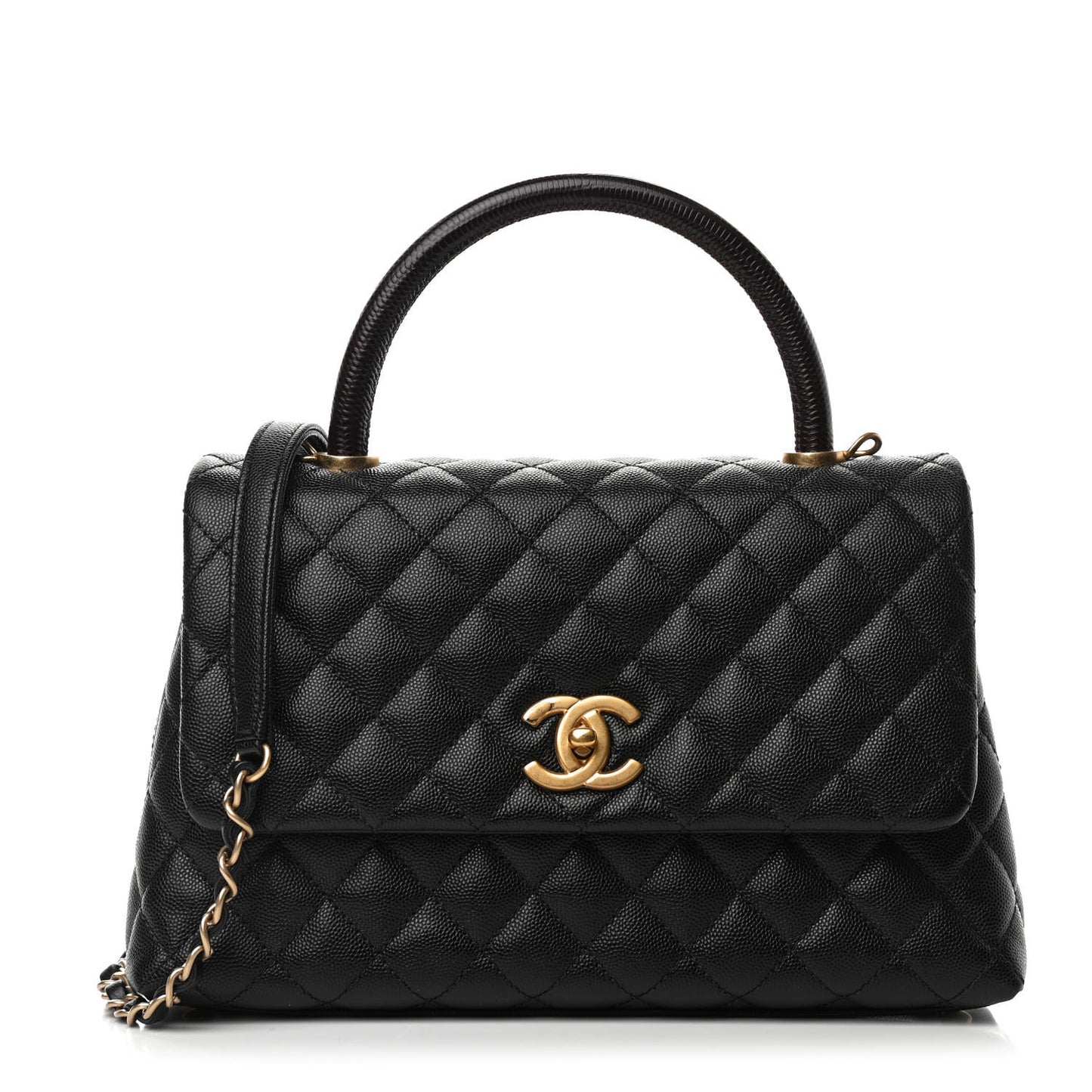 Caviar Lizard Embossed Quilted Small Coco Handle Flap Black