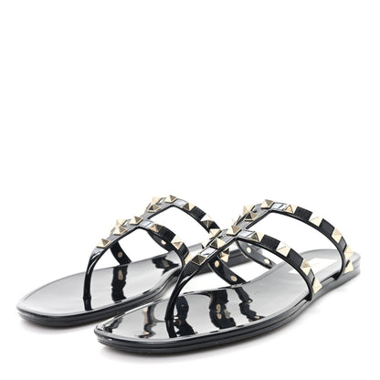 Valentino Garavani PVC Jelly Rockstud Caged Flat Thong Sandals 38 Black 4 of 9