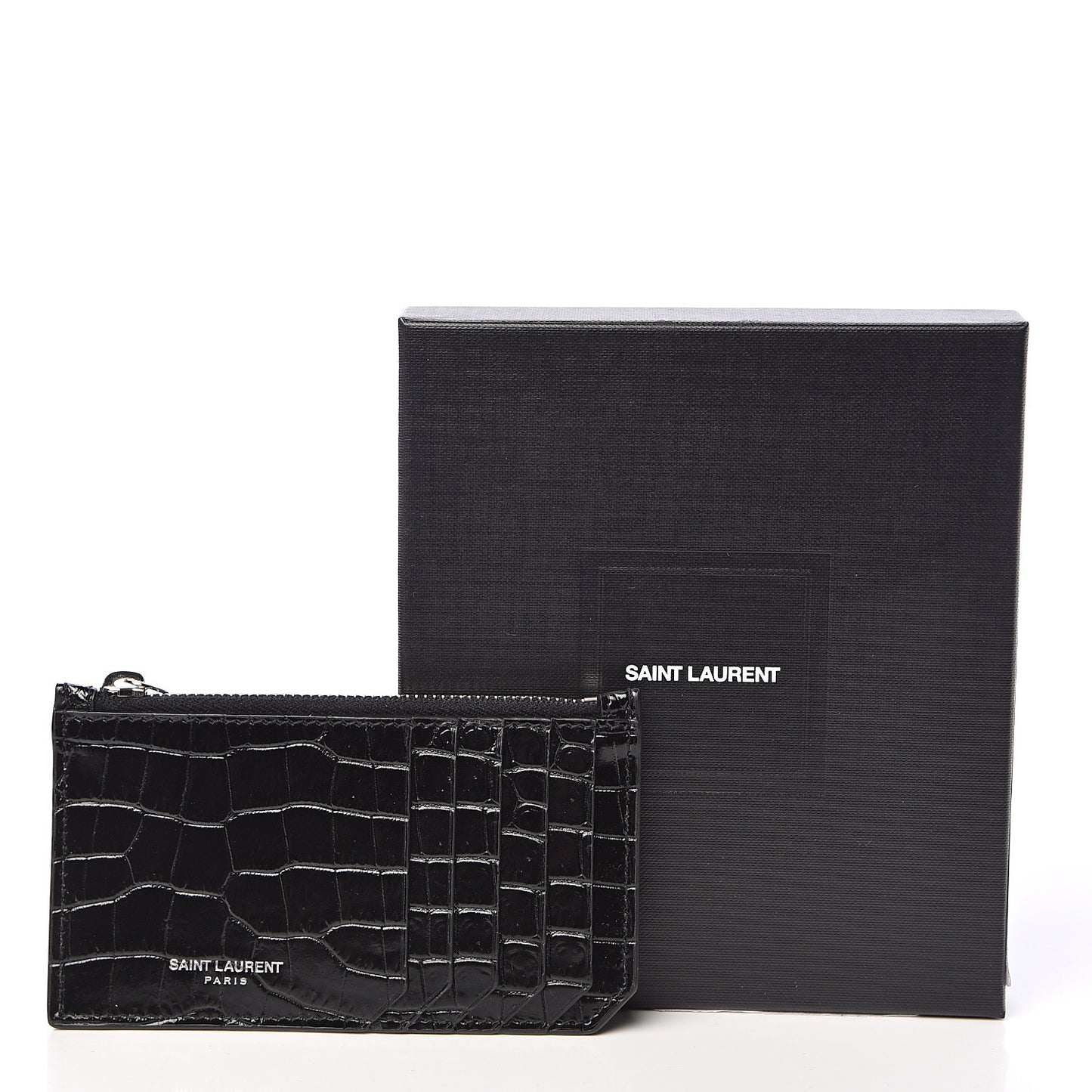 Calfskin Crocodile Embossed 5 Fragments Zip Pouch Card Holder Black