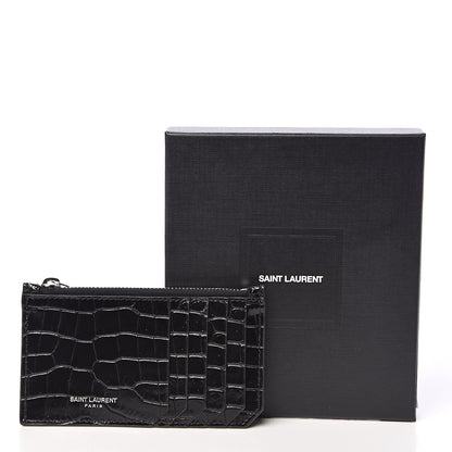 Saint Laurent Calfskin Crocodile Embossed 5 Fragments Zip Pouch Card Holder Black 8 of 8