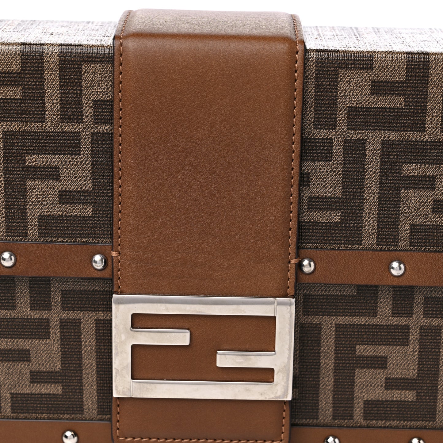 Shiny Glazed Fabric Vachetta FF 1974 Medium Baguette Trunk Mogano Panna Cuoio