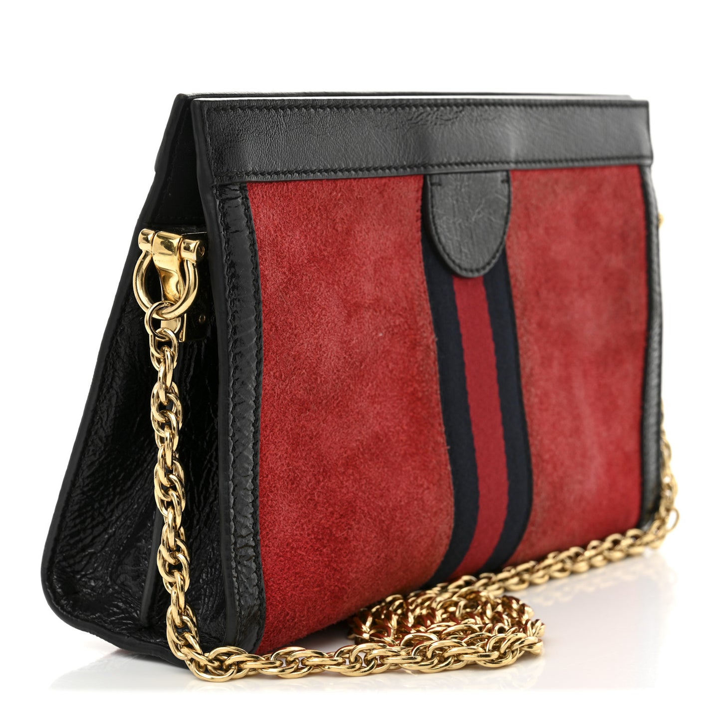 Suede Patent Web Small Ophidia Chain Shoulder Bag Hibiscus Red Black