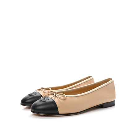 Chanel Lambskin Cap Toe CC Ballerina Flats 39 Beige Black 3 of 9