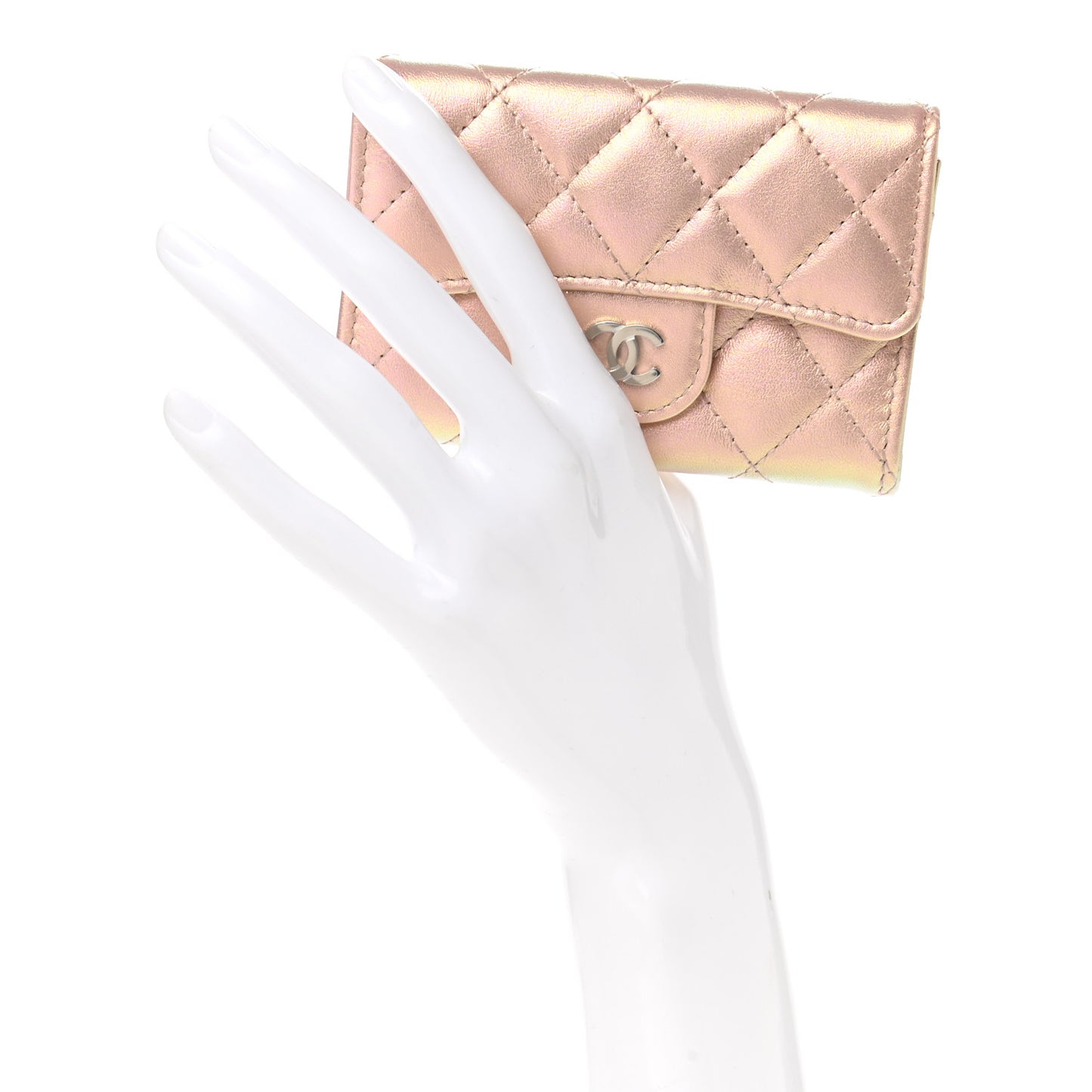 Iridescent Calfskin Quilted Flap Card Holder Wallet Pink