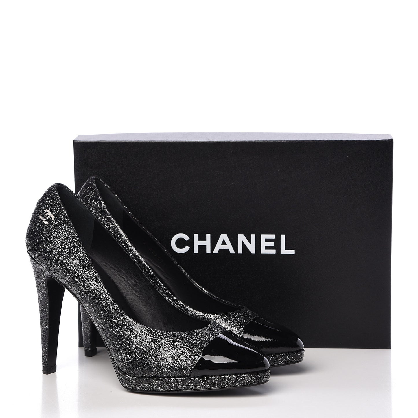 Metallic Crackled Calfskin Patent Cap Toe Pumps 40.5 Silver Black