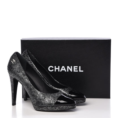 Chanel Metallic Crackled Calfskin Patent Cap Toe Pumps 40.5 Silver Black 10 of 10