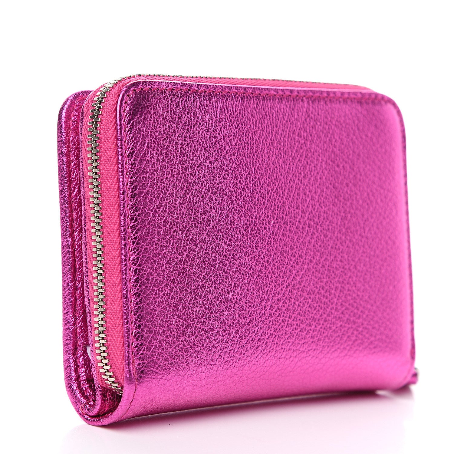 Balenciaga Metallic Goatskin Logo Everyday Multi Zip Wallet Rose Fuchsia Black 2 of 7