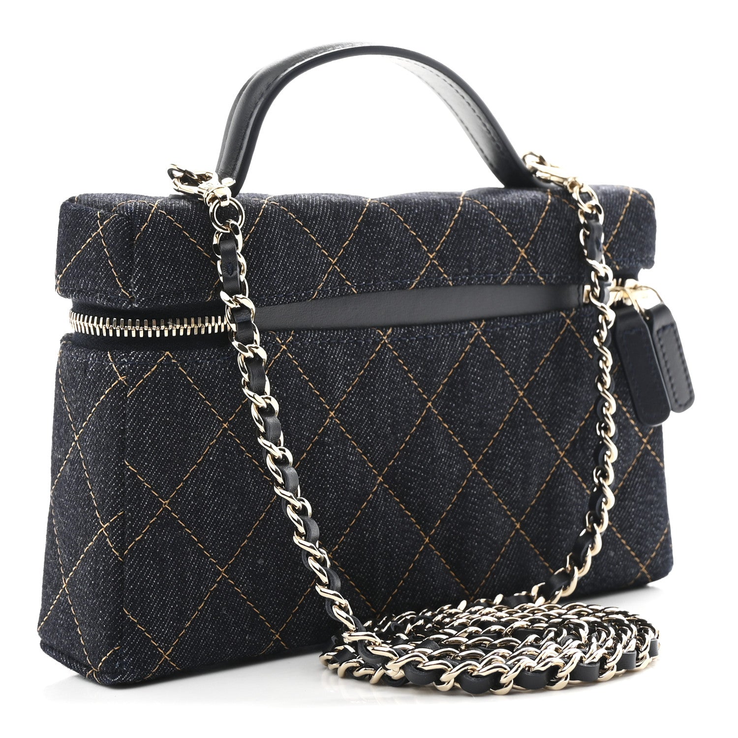 Chanel Denim Quilted Top Handle Slim Vanity Case With Chain Dark Blue Orange 3 of 11