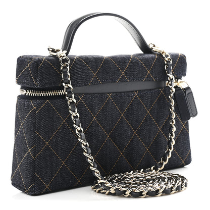 Chanel Denim Quilted Top Handle Slim Vanity Case With Chain Dark Blue Orange 3 of 11