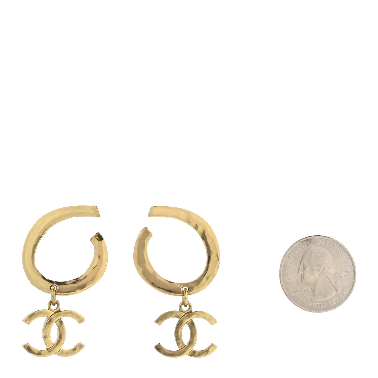 Chanel Metal Textured Hoop Drop CC Earrings Gold 2 of 4