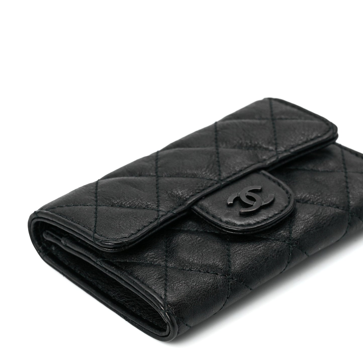 Crumpled Calfskin Quilted Flap Card Holder Wallet So Black