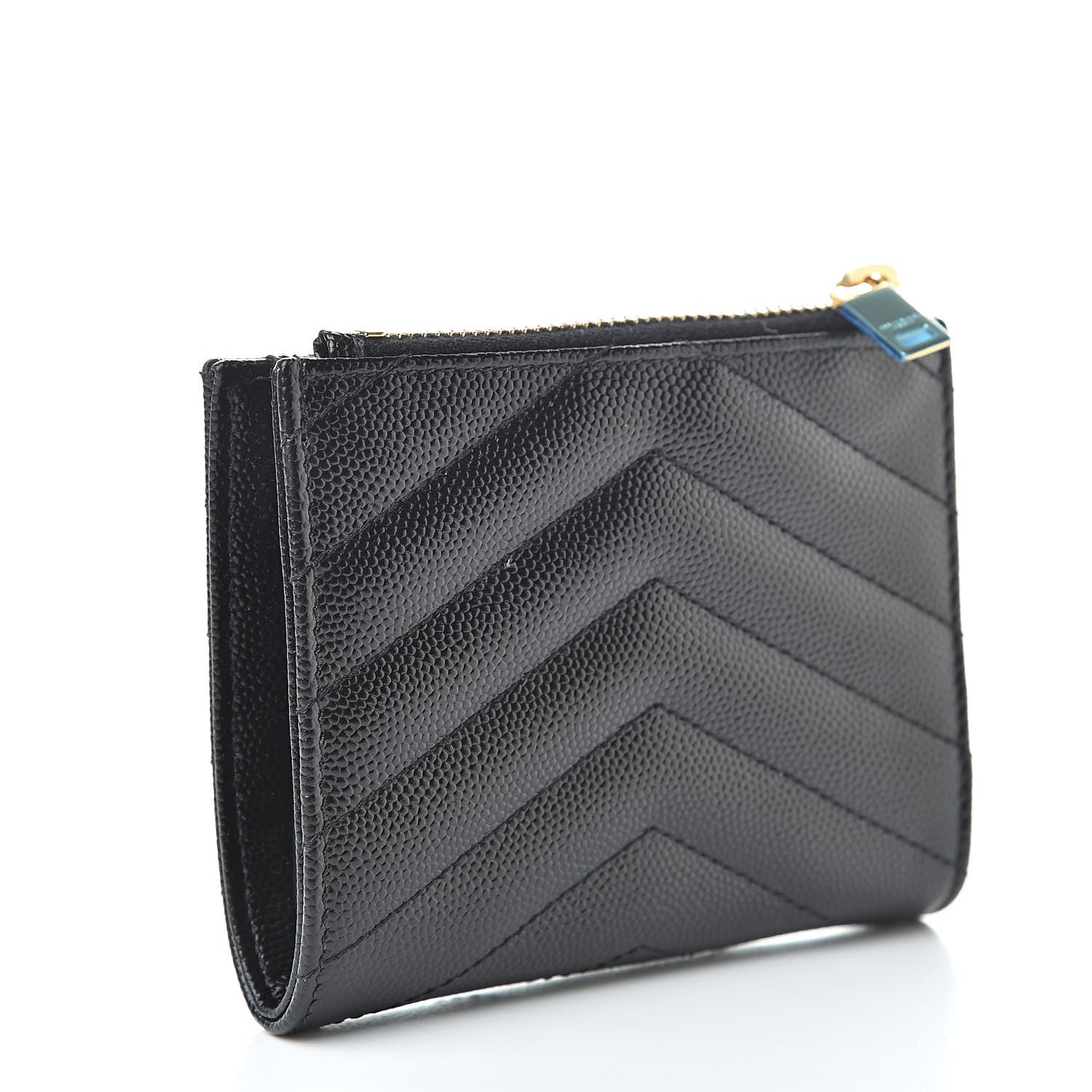 Saint Laurent Grain De Poudre Matelasse Chevron Monogram Zipped Card Case Black 3 of 8