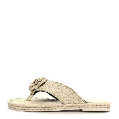 Chanel Raffia Camellia Flower Thong Sandals 37 Ivory 1 of 8